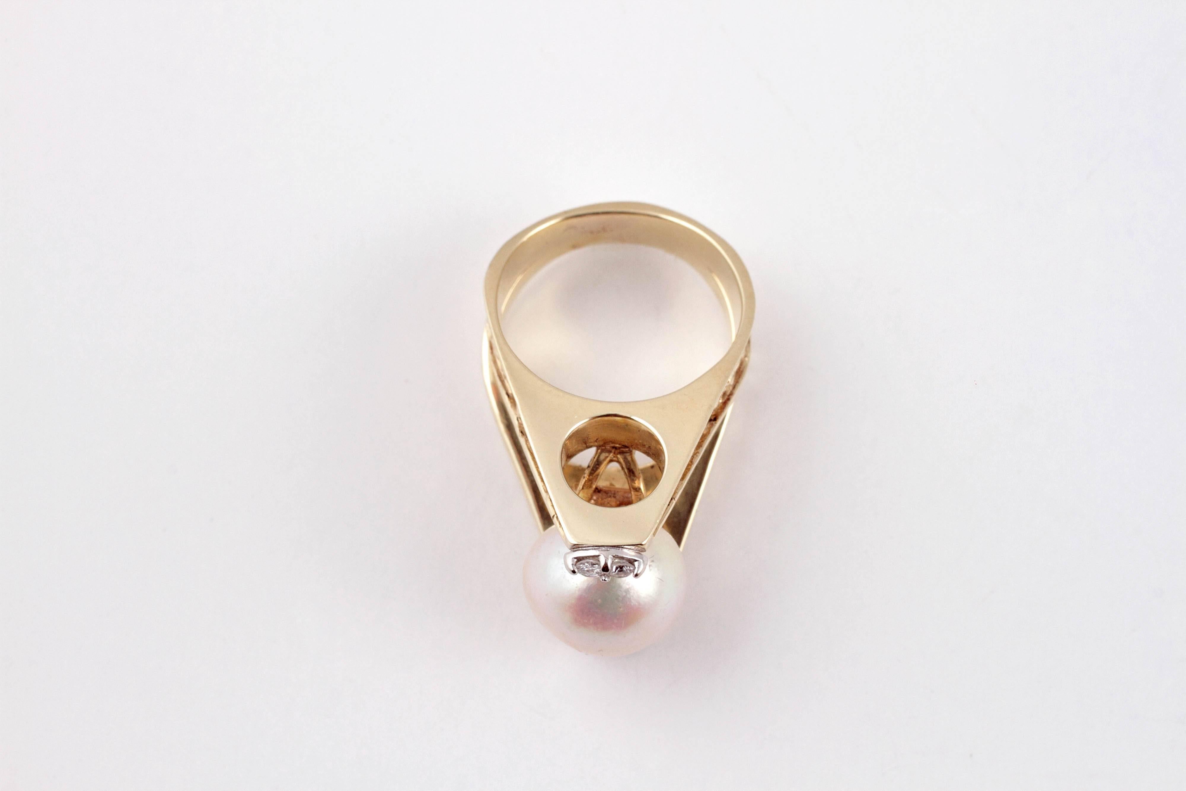 11.35 mm Cultured Pearl Diamond Ring Yellow Gold For Sale 2