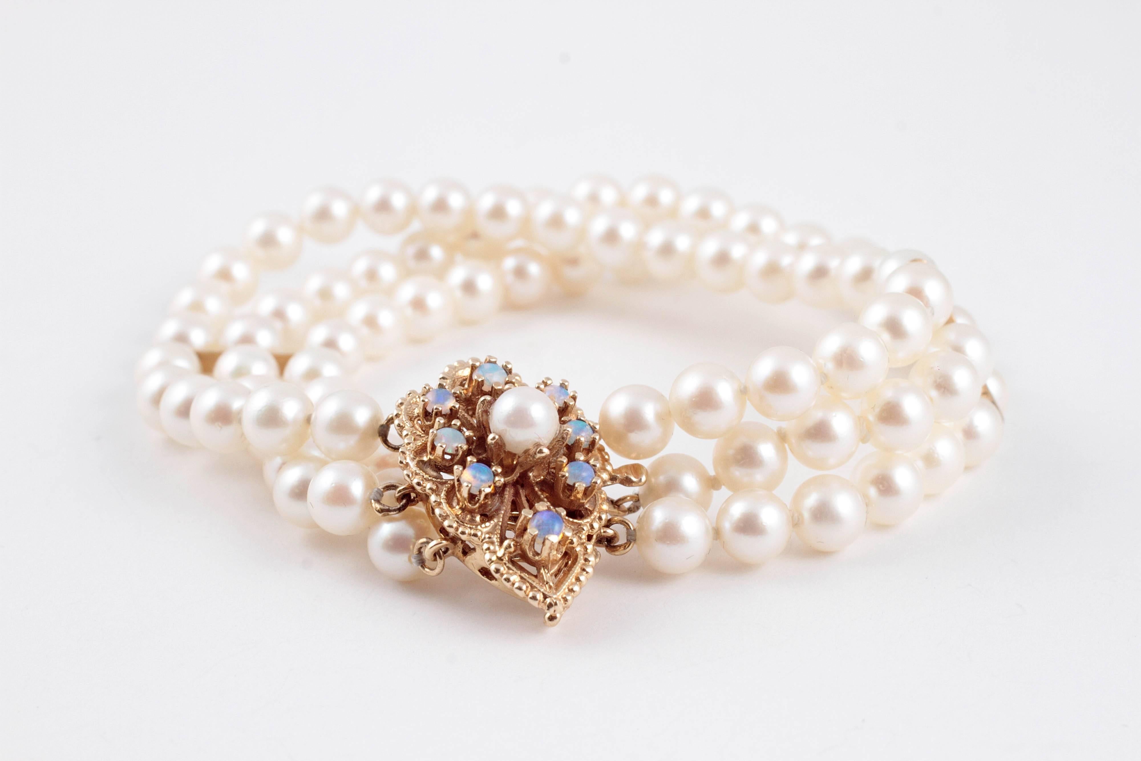 Cultured Pearl Three Strand Yellow Gold Bracelet with Opal Clasp 1