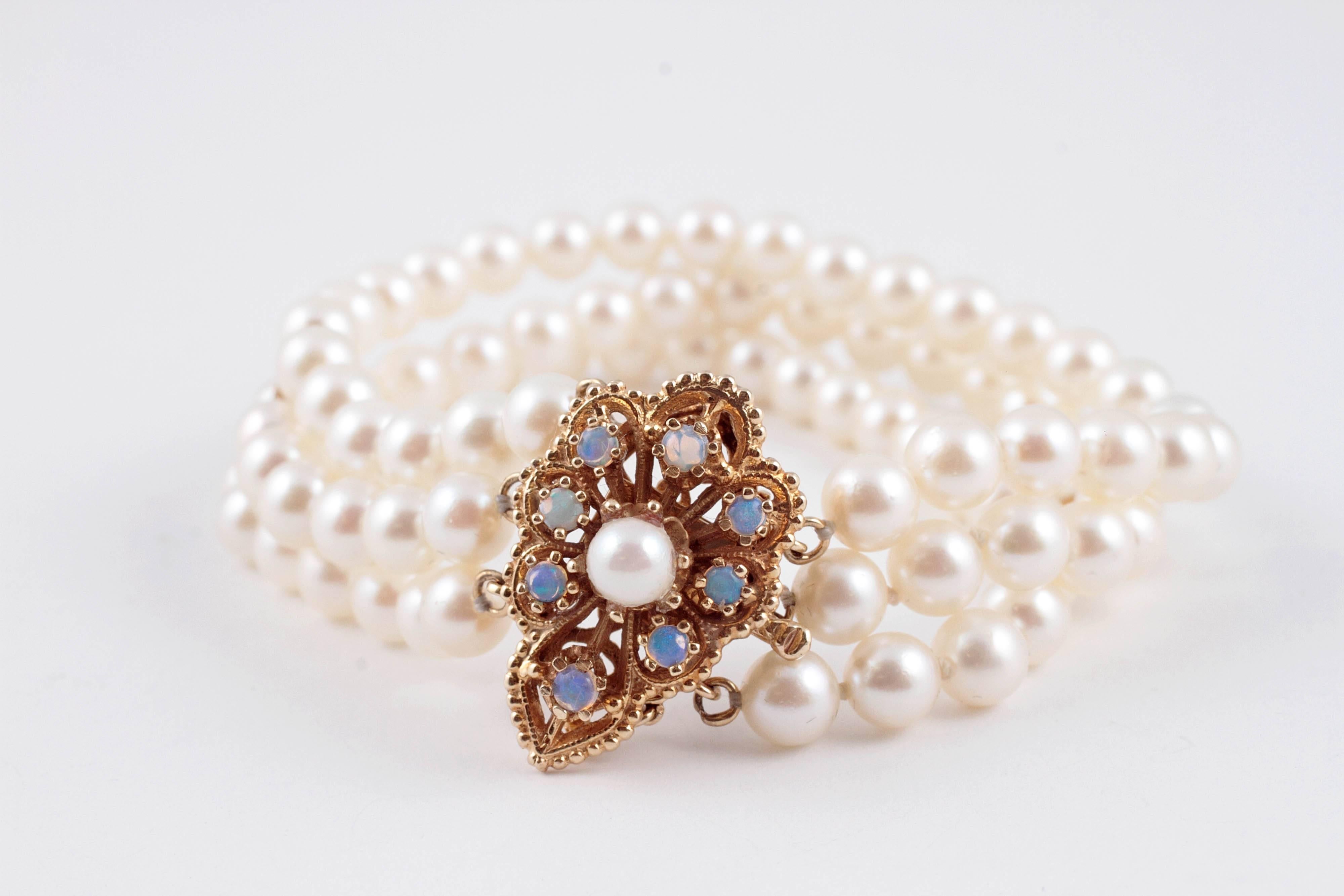 Cultured Pearl Three Strand Yellow Gold Bracelet with Opal Clasp 2