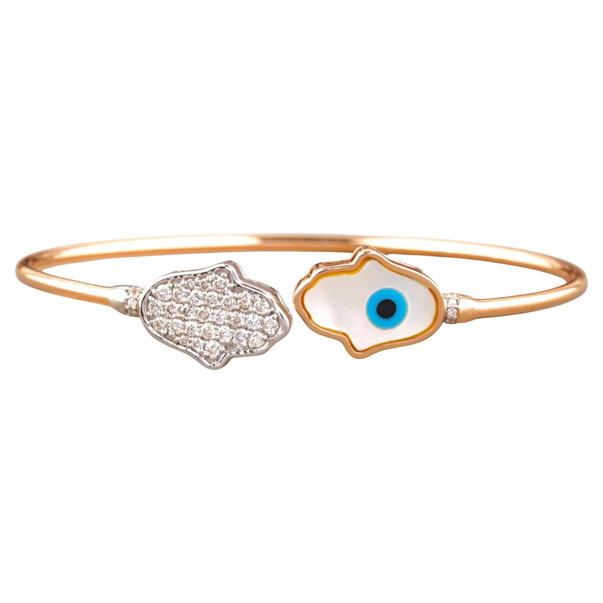 Hamsa Evil Eye Natural Diamond Cuff Bracelet in 14K Solid Gold (Certified) For Sale