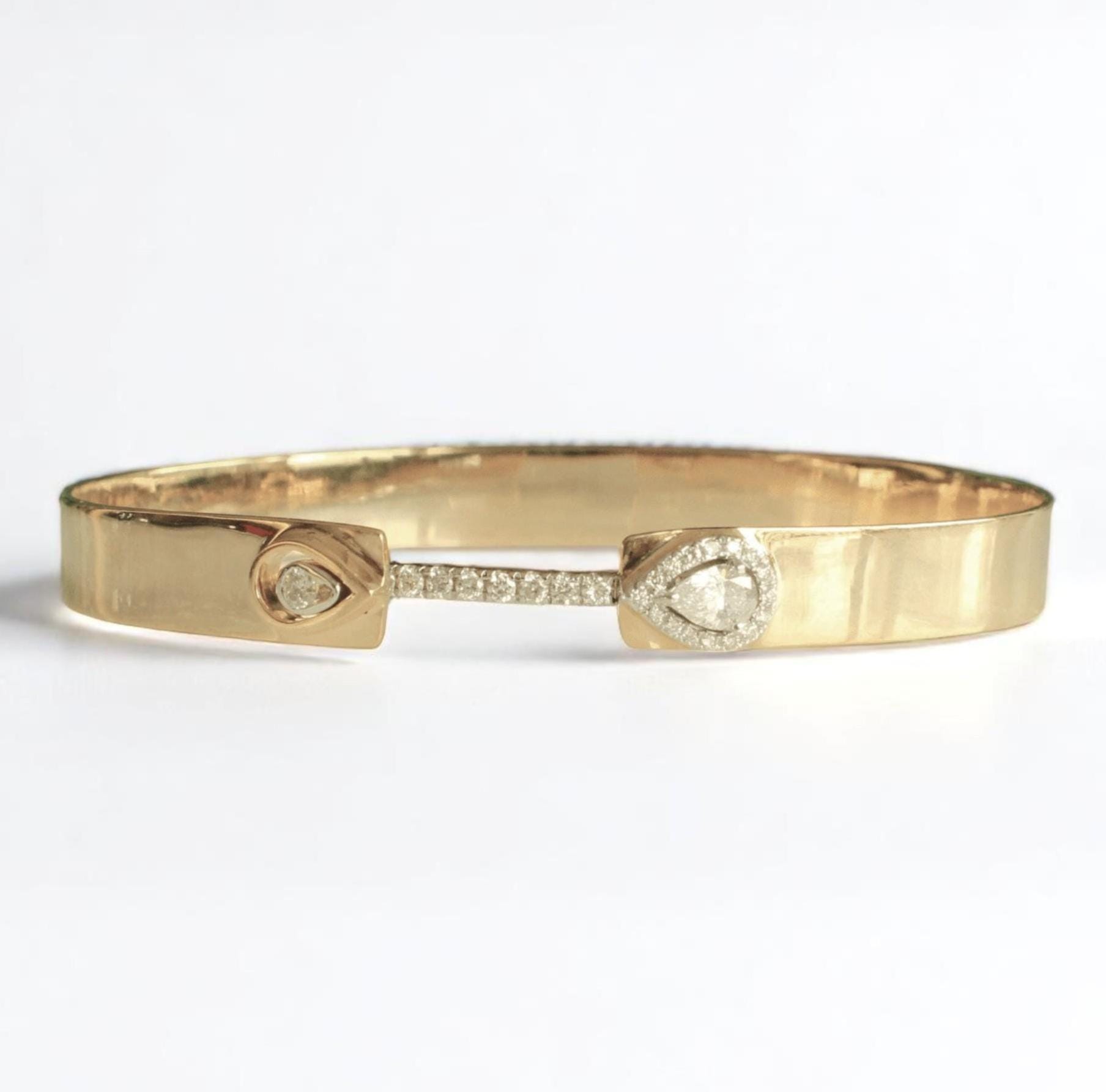 Brazalete de diamantes con puente en forma de lágrima en oro macizo de 14k (certificado)