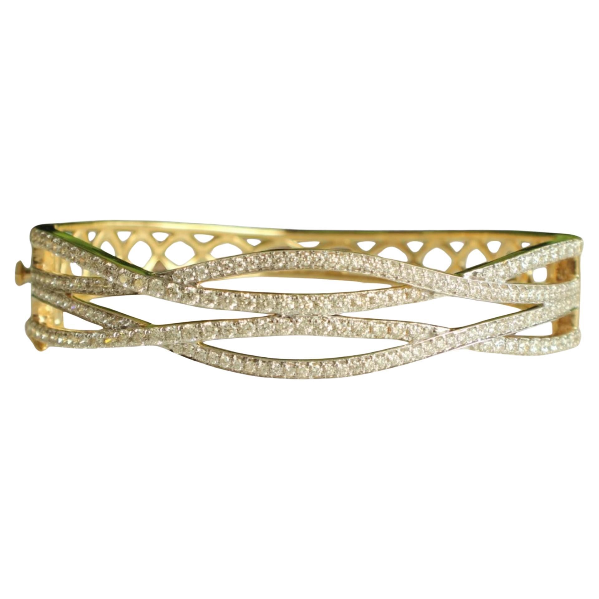 Wavy Criss Cross Diamond Bangle Bracelet in 14K Solid Gold (Certified)