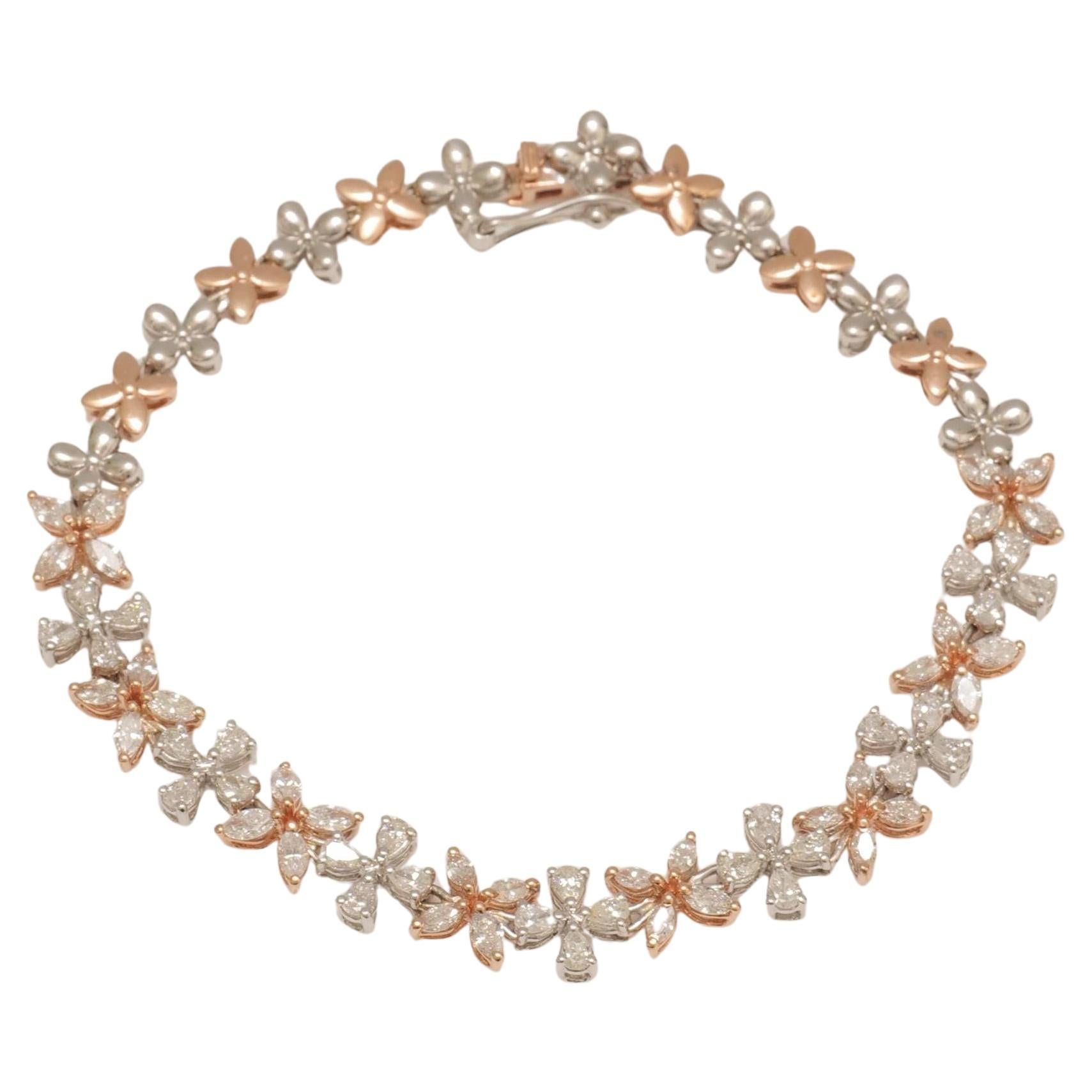 Floral Link Natural Diamond Tennis Bracelet in 14K Solid Gold (Certified) For Sale