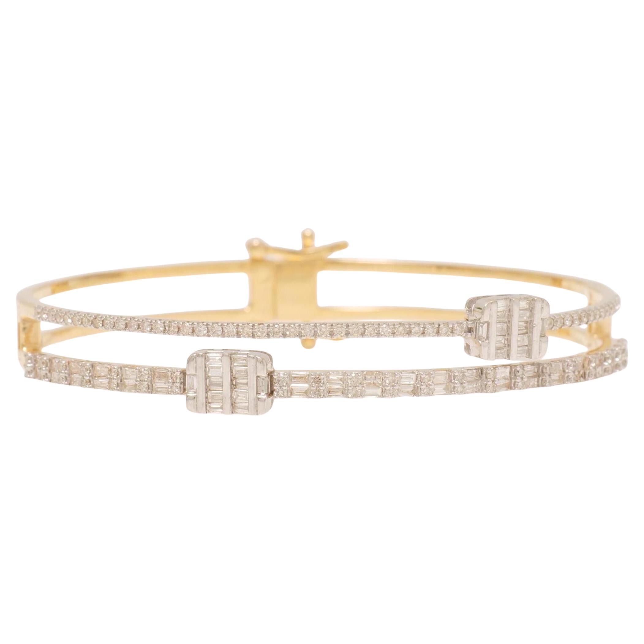 Baguette 
Round Diamond Cuff Bracelet in 14k Solid Gold (Certified)