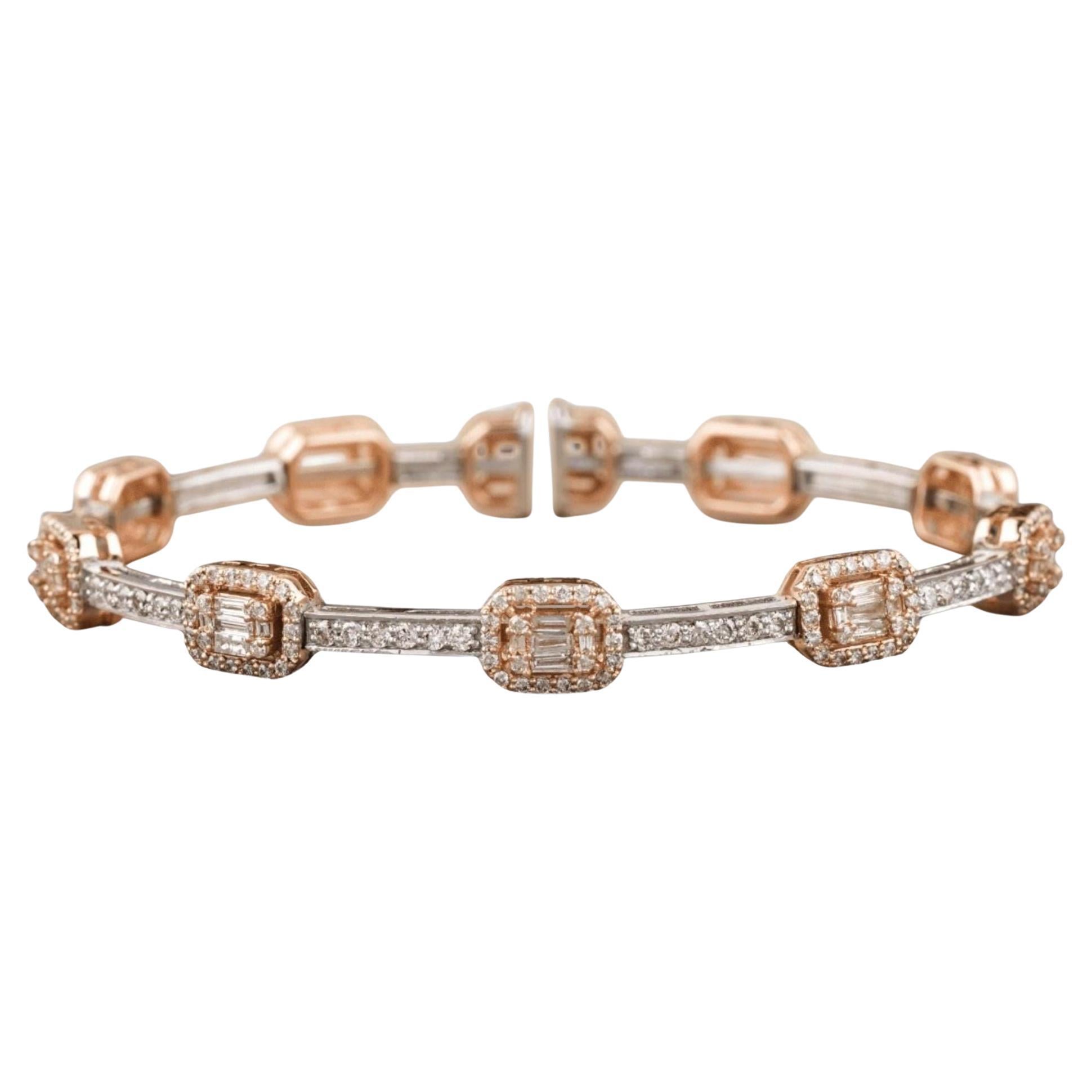 Emerald Cut Halo Natural Diamond Bangle Bracelet in 14k Solid Gold (Certified) For Sale