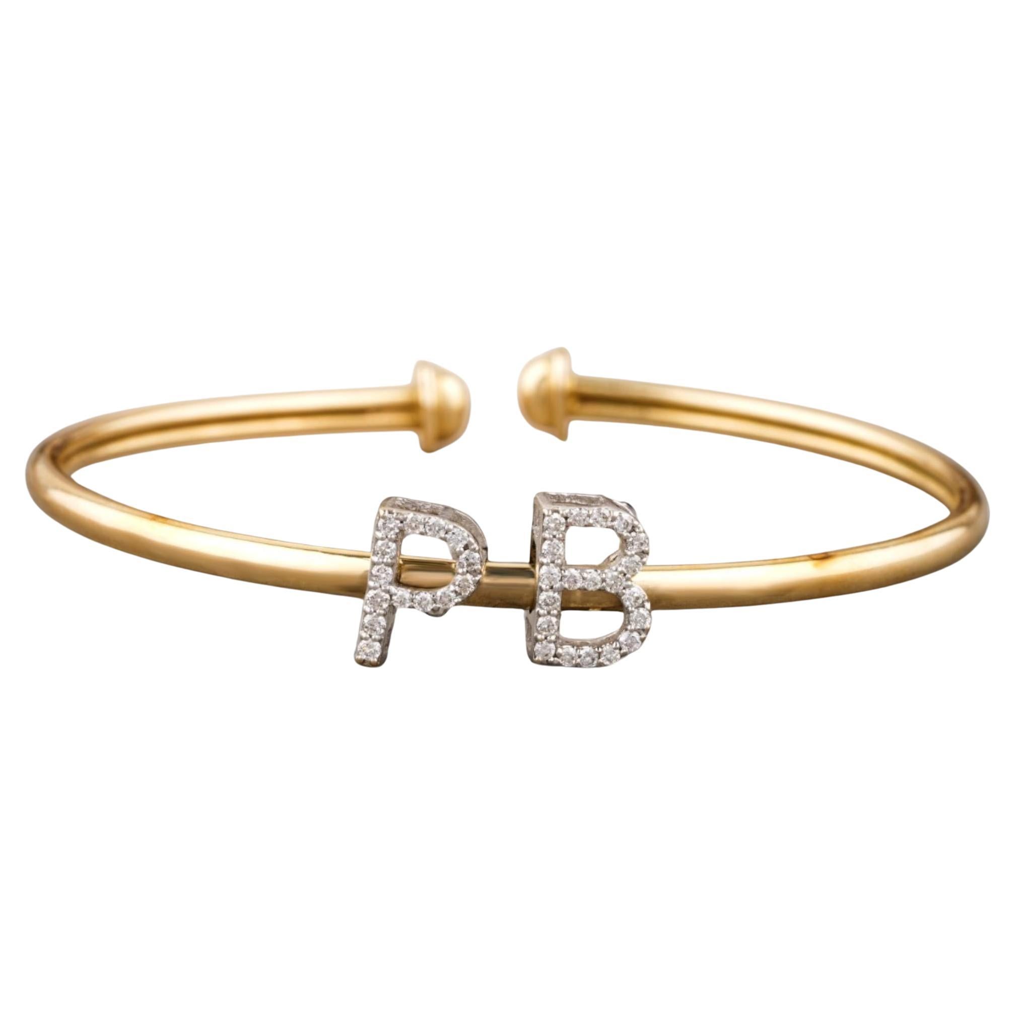 Initials Natural Diamond Open Cuff Bracelet in 14K Solid Gold (Certified) For Sale