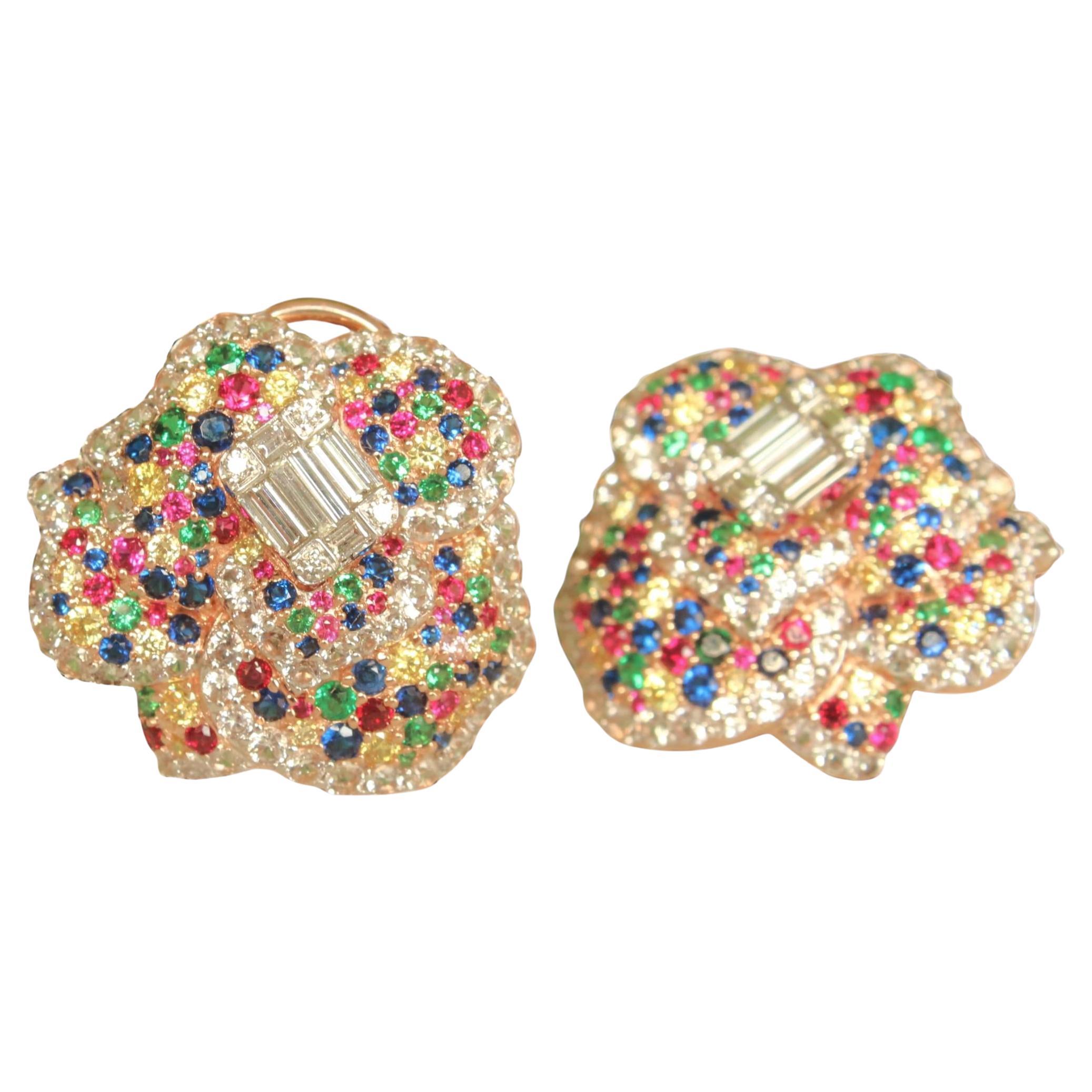 Flower Rainbow Natural Diamond Stud Earrings in 14k Solid Gold (Certified) For Sale