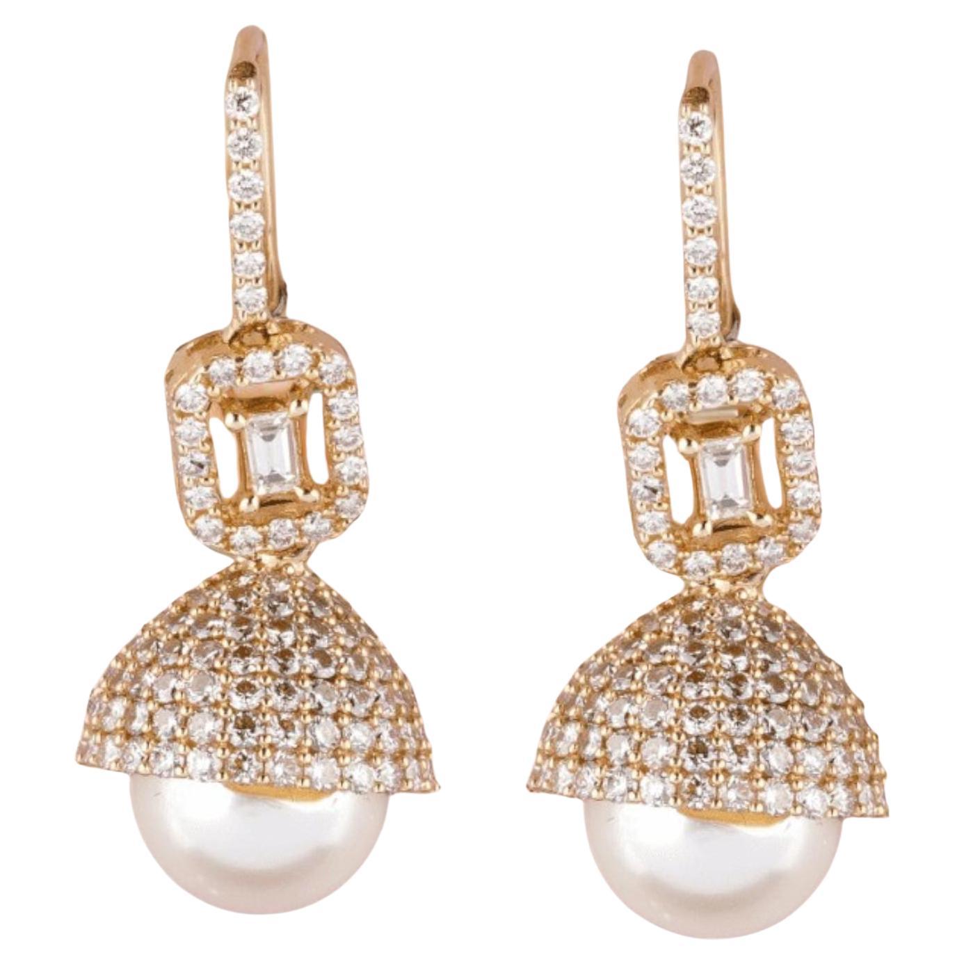 Dome Pearl Drop Natural Diamond Earrings in 14k Solid Gold (Certified)