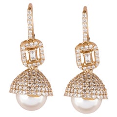 Dome Pearl Drop Natural Diamond Earrings in 14k Solid Gold (Certified)