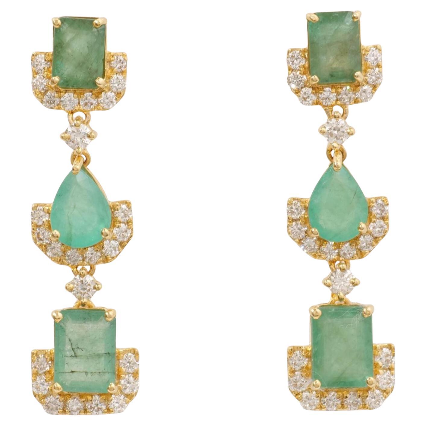 Emerald Drop Gemstone Natural Diamond Earrings in 14K Solid Gold (Certified)