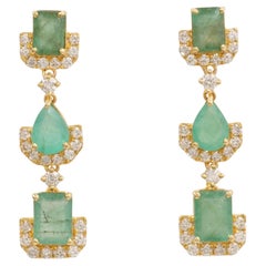 Emerald Drop Gemstone Natural Diamond Earrings in 14K Solid Gold (Certified)