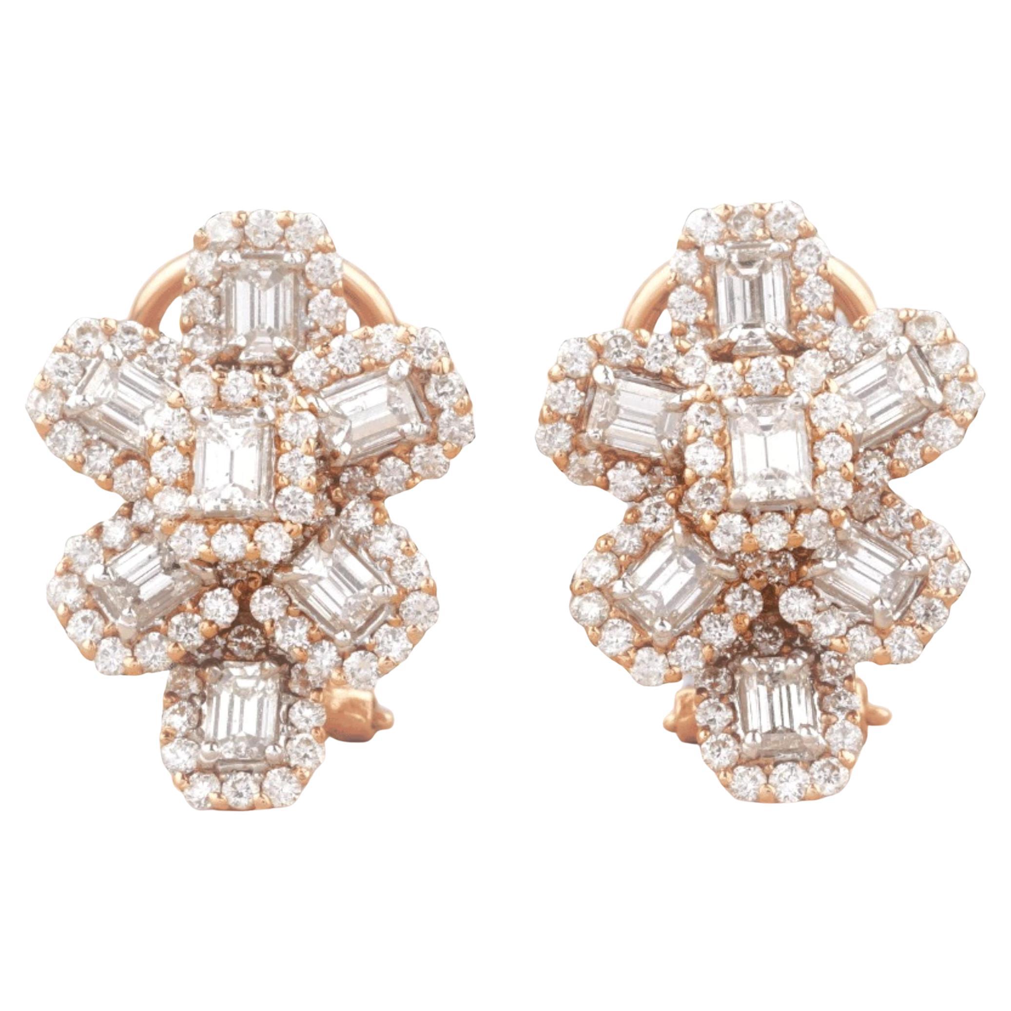 Flower Halo Natural Diamond Huggie Earrings in 14K Solid Gold (Certified) For Sale