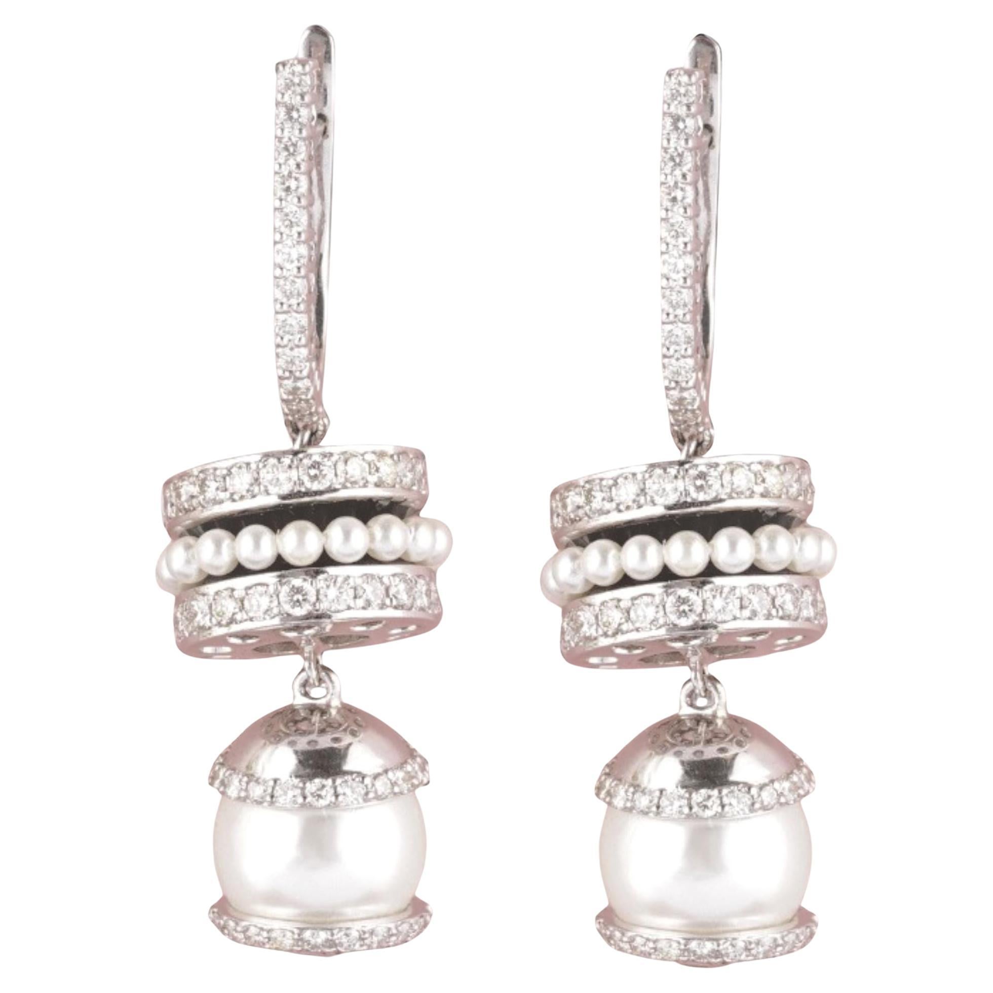 Pearl Drop Enamel Natural Diamond Earrings in 14K Solid Gold (Certified)