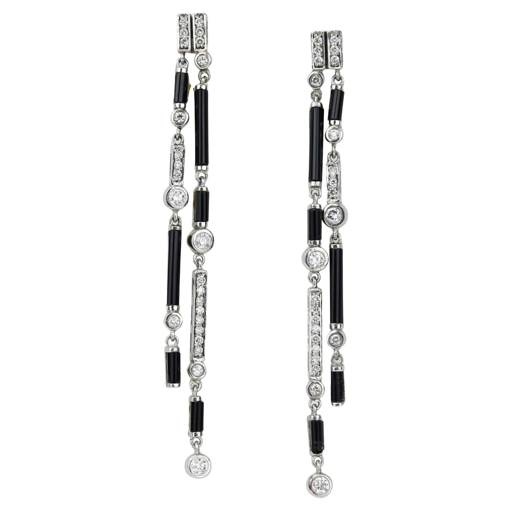 Black Onyx Gemstone Natural Diamond Dangle Earring in 14K Solid Gold (Certified) For Sale