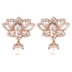 Lotus Topaz Pearl Gemstone Natural Diamond Earring in 14K Solid Gold (Certified)