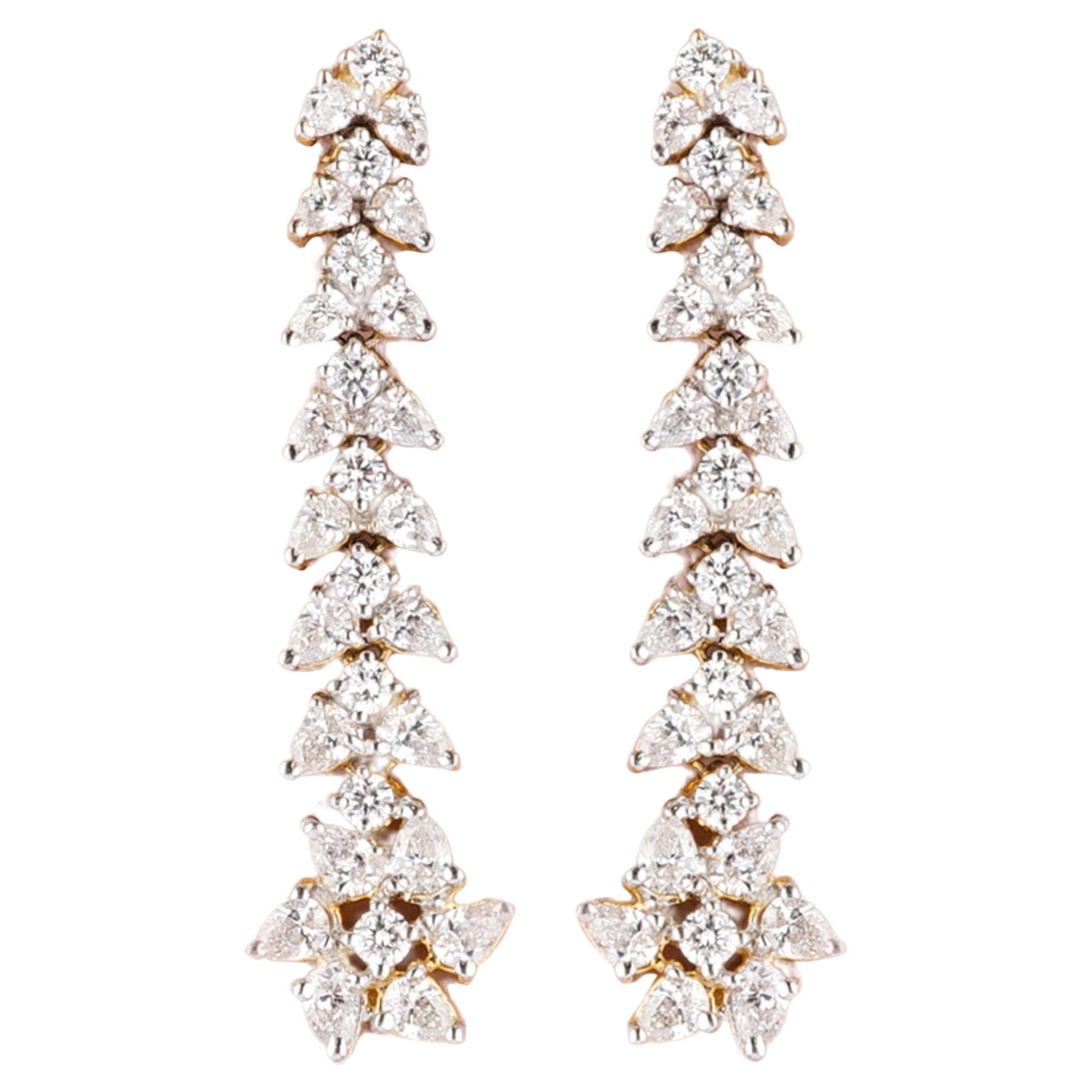 Floral Cluster Natural Diamond Dangle Earrings in 14K Solid Gold (Certified)