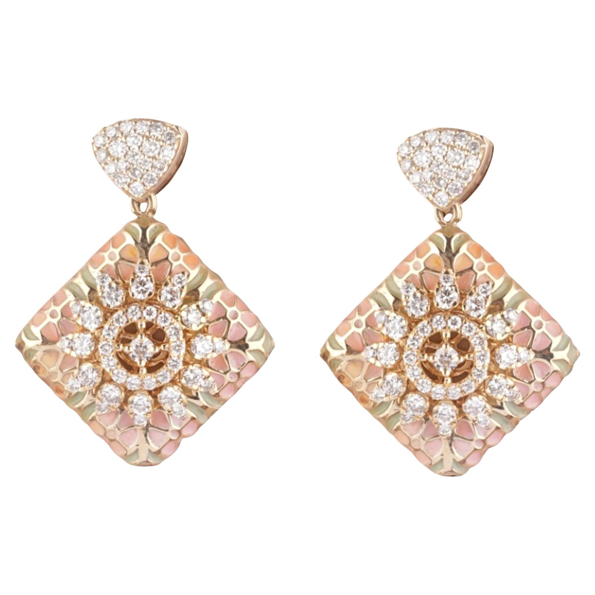 Floral Enamel Square Natural Diamond Drop Earrings in 14k Solid Gold (Certified) For Sale