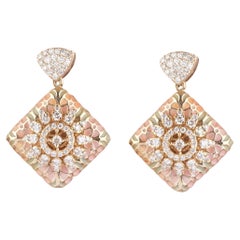 Used Floral Enamel Square Natural Diamond Drop Earrings in 14k Solid Gold (Certified)