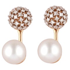 Pearl Natural Diamond Drop Stud Earrings in 14k Solid Gold (Certified)