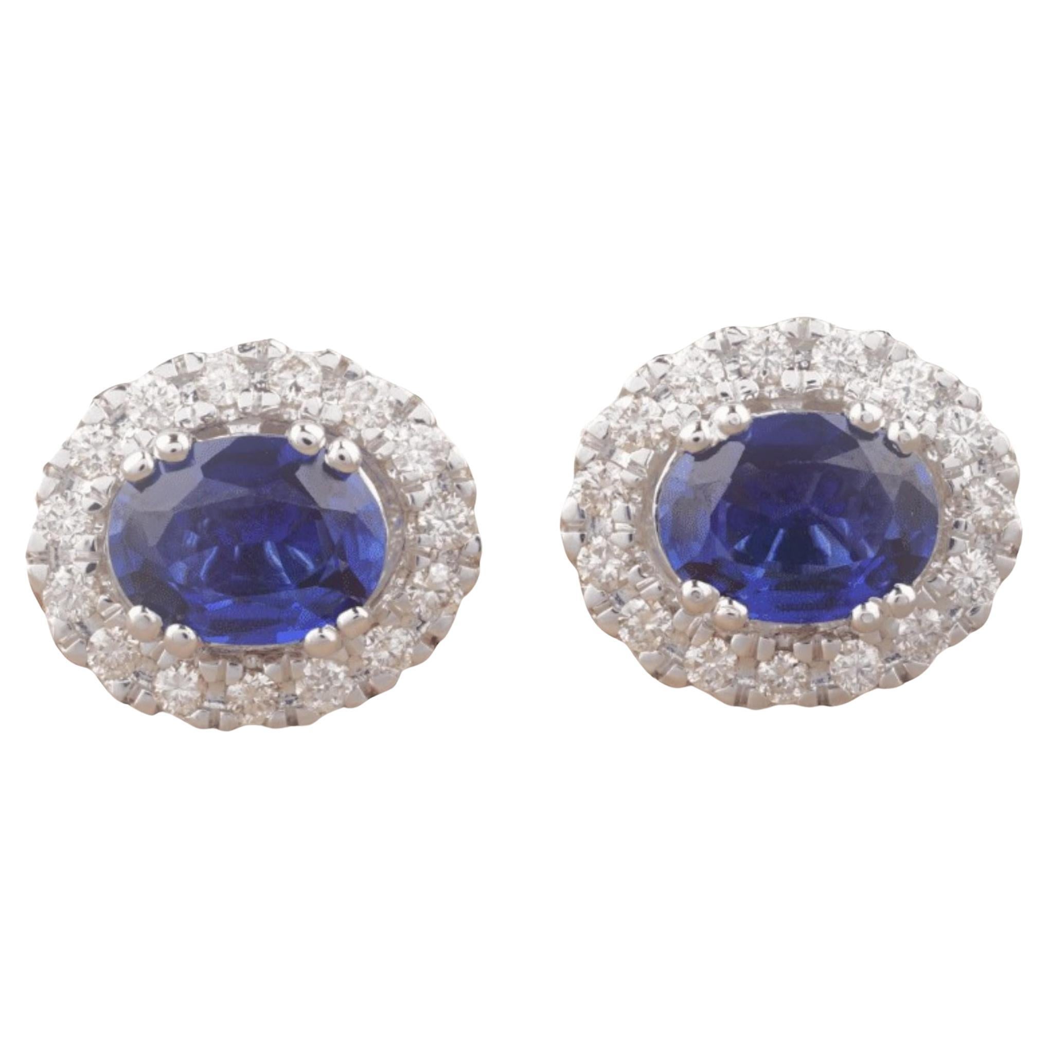 Oval Blue Sapphire Halo Natural Diamond Earrings in 14K Solid Gold (Certified) For Sale