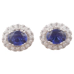 Oval Blue Sapphire Halo Natural Diamond Earrings in 14K Solid Gold (Certified)