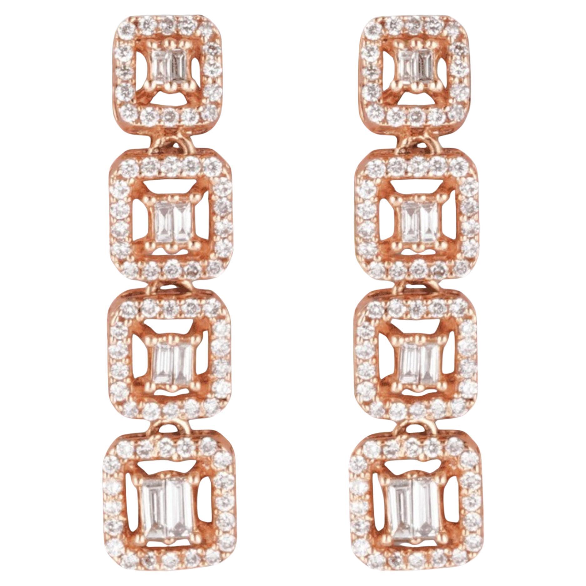 Geometric Natural Diamond Dangle Halo Earrings in 14K Solid Gold (Certified)