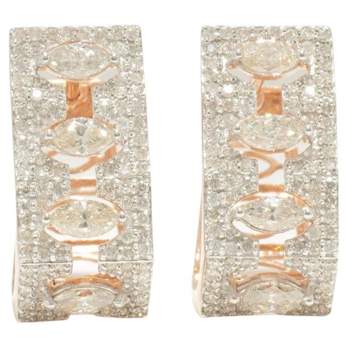 Marquise Halo Natural Diamond Huggie Earrings in 14K Solid Gold (Certified) For Sale