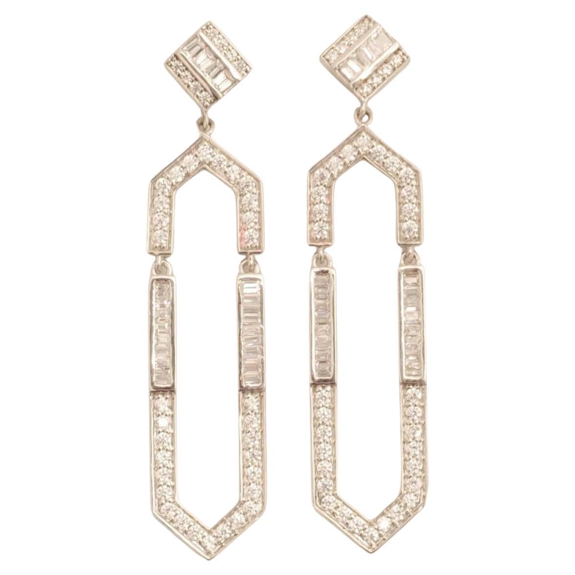 Hexagonal Dangle Drop Natural Diamond Earrings in 14K Solid Gold (Certified) For Sale