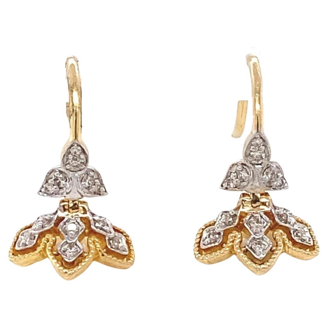 Floral Pearl Drop Natural Diamond Earrings in 14K Solid Gold (Certified) For Sale