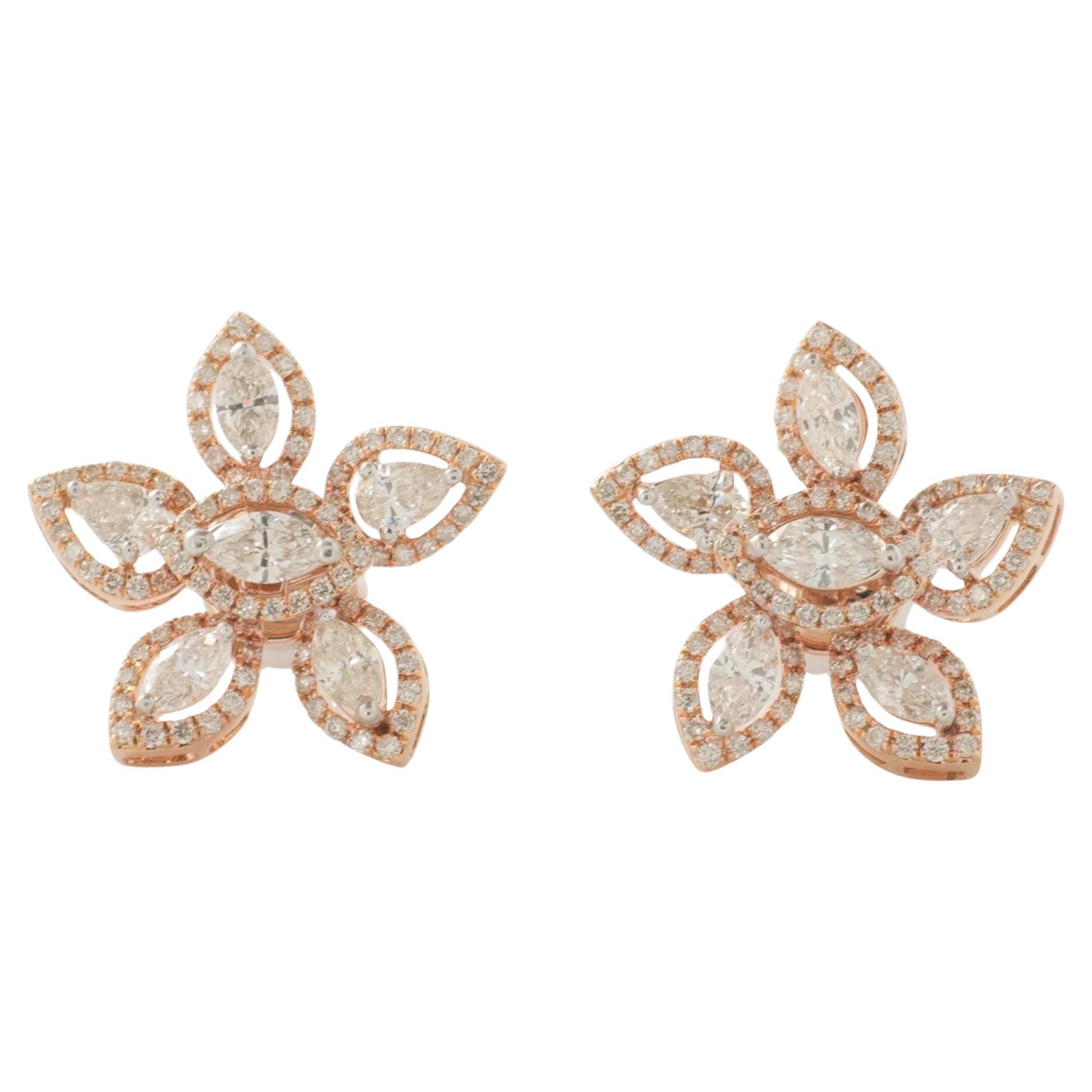 Floral Cluster Halo Natural Diamond Stud Earrings in 14k Solid Gold (Certified) For Sale