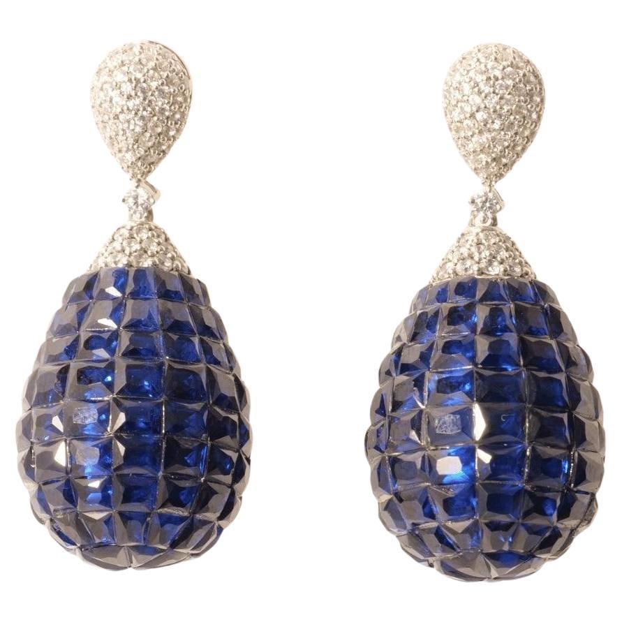 Blue Sapphire Natural Diamond Drop Earrings in 14k Solid Gold (Certified) For Sale