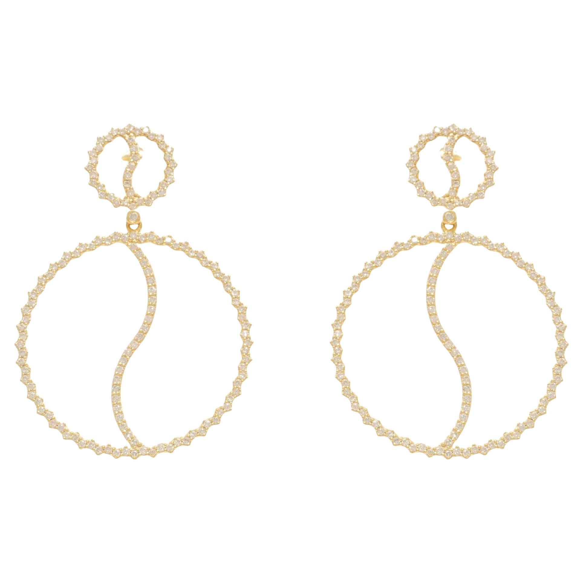 Circle Natural Diamond Dangle Drop Earrings in 14k Solid Gold (Certified) For Sale