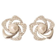 Floral Pearl Natural Diamond Stud Earrings in 14K Solid Gold (Certified)