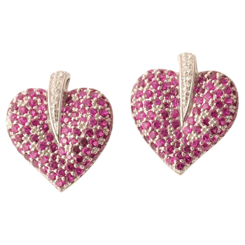 Heart Pink Sapphire Natural Diamond Stud Earrings in 14K Solid Gold (Certified) For Sale