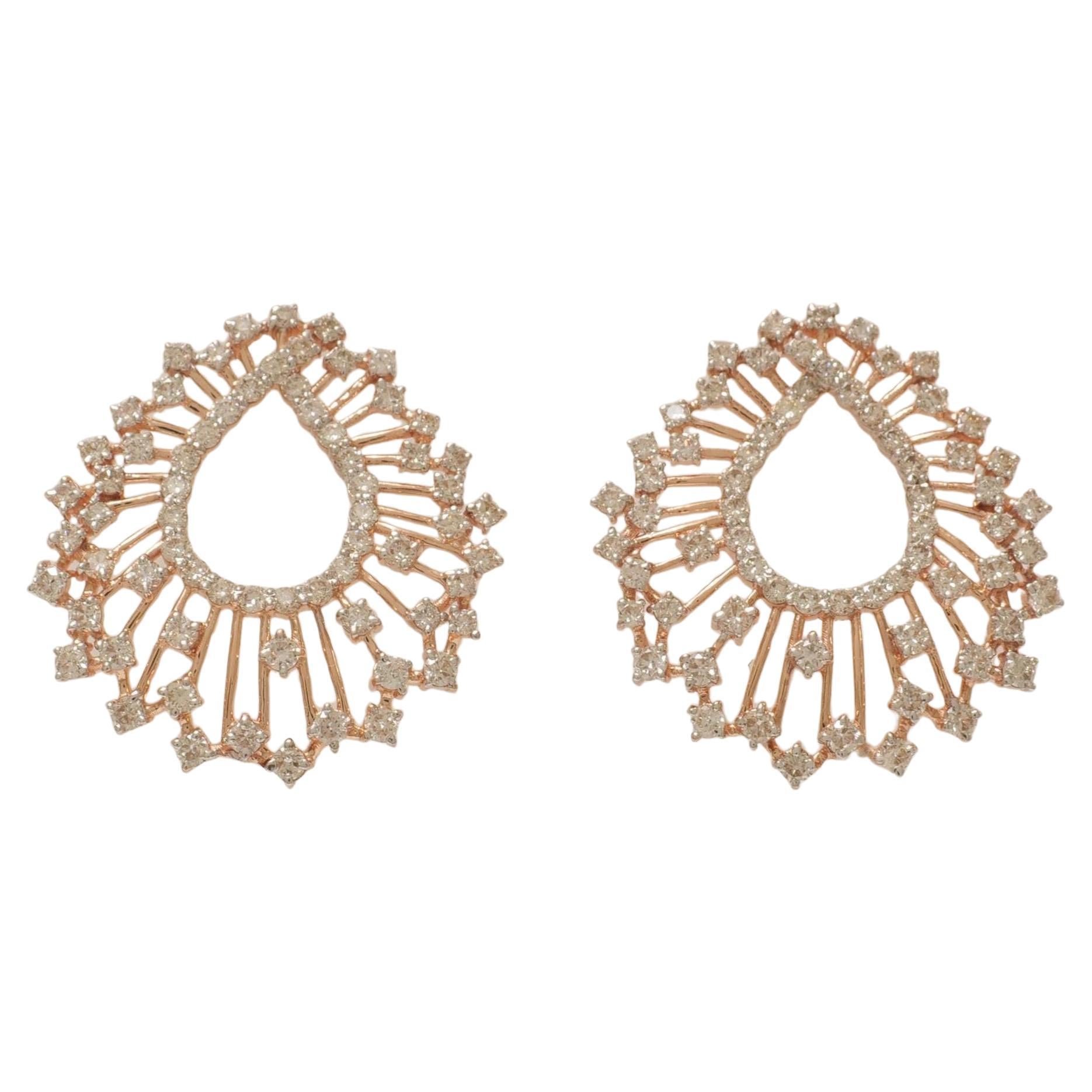 Peacock Feather Natural Diamond Stud Earrings in 14K Solid Gold (Certified) For Sale