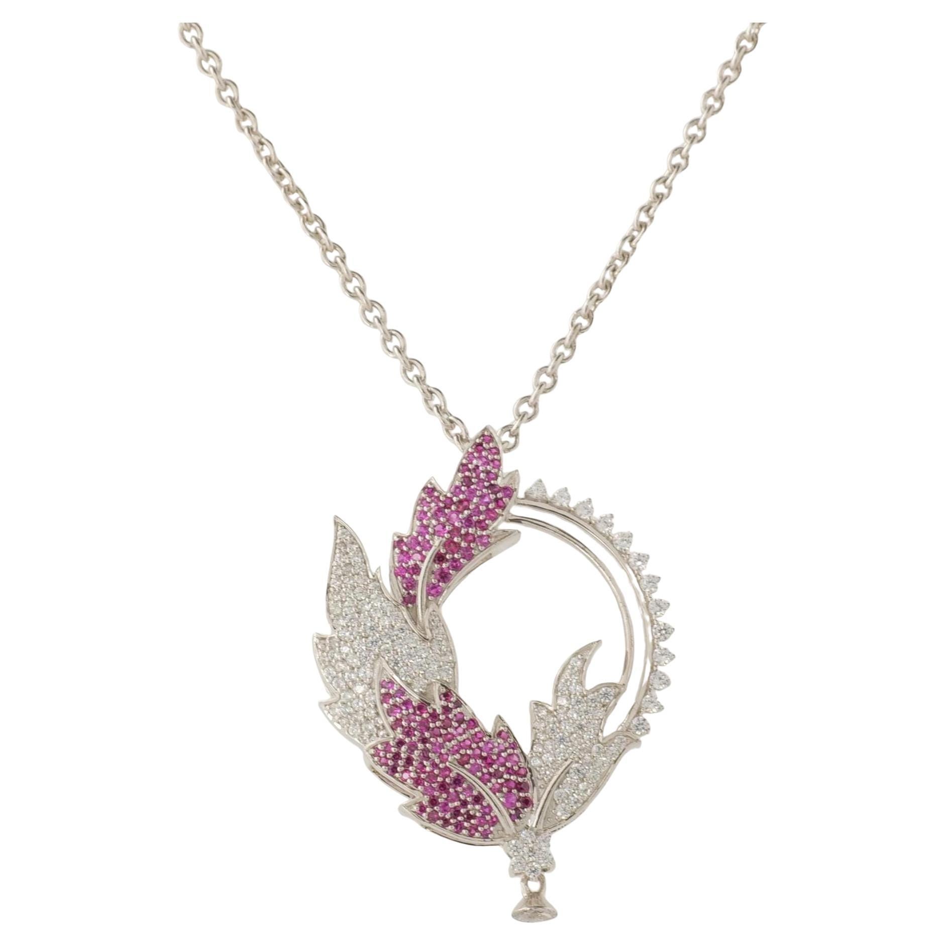 Leaf Ruby Gemstone Natural Diamond Necklace in 14K Solid Gold (Certified) For Sale