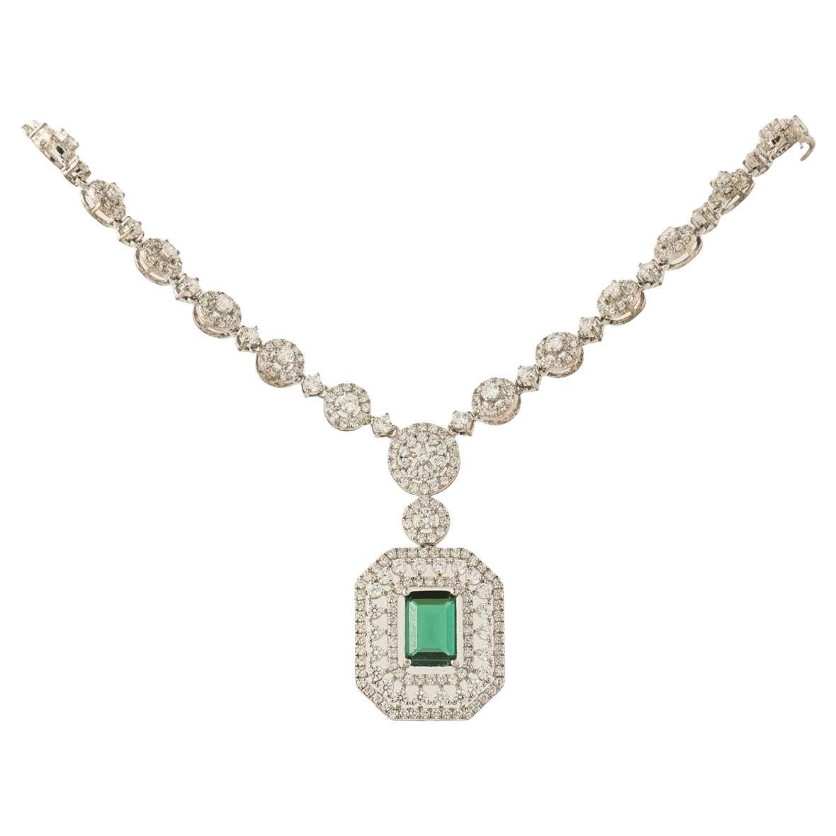 Halo Emerald Natural Diamond Necklace in 14K Solid Gold (Certified)