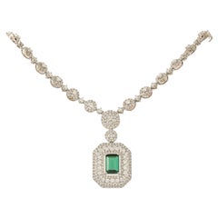 Halo Emerald Natural Diamond Necklace in 14K Solid Gold (Certified)