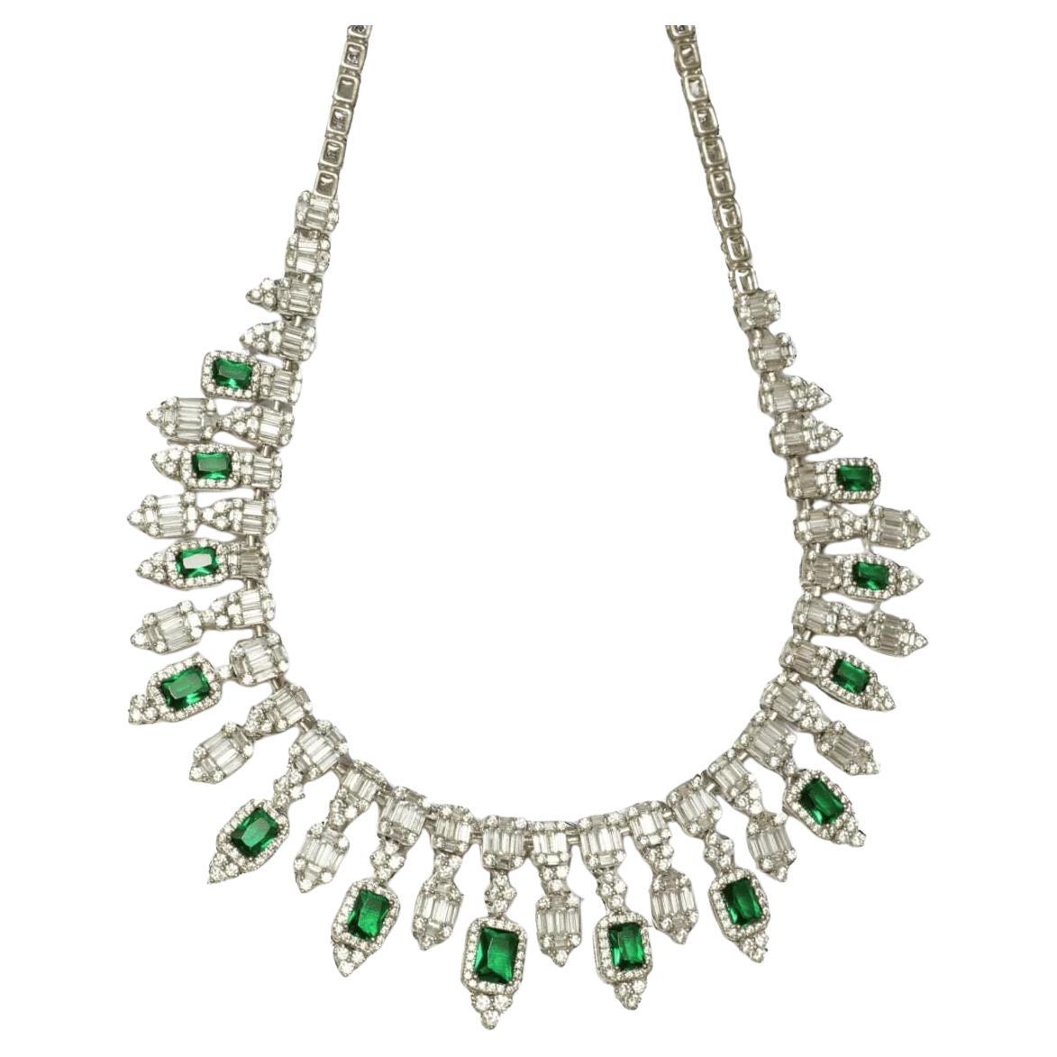 Halo Emerald Natural Diamond Drop Necklace in 14K Solid Gold (Certified)