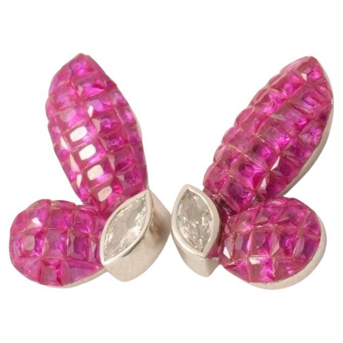 Butterfly Pink Sapphire Natural Diamond Earrings in 14K Solid Gold (Certified) For Sale