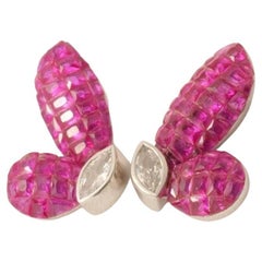 Butterfly Pink Sapphire Natural Diamond Earrings in 14K Solid Gold (Certified)