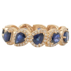 Pear Blue Sapphire Halo Diamond Eternity Band Ring in 14k Solid Gold (Certified)