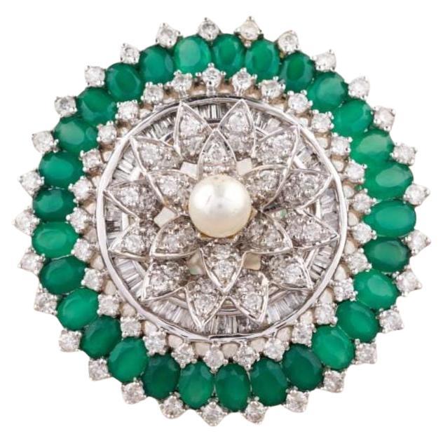 Emerald Flower Diamond Pearl Cocktail Ring in 14K Solid Gold (Certified) For Sale