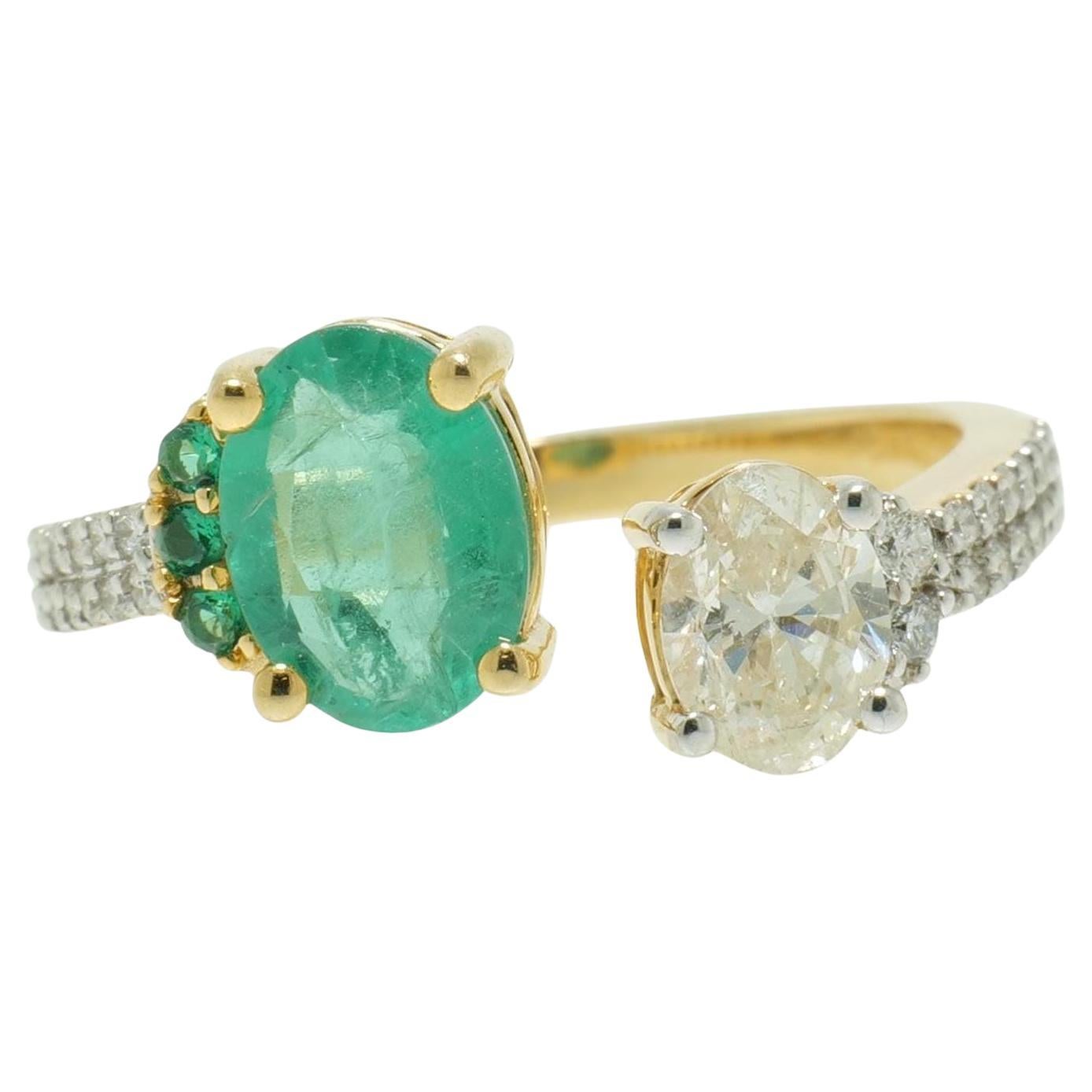 Oval Emerald Diamond Open Cuff  Ring in 14k Solid Gold (Certified)