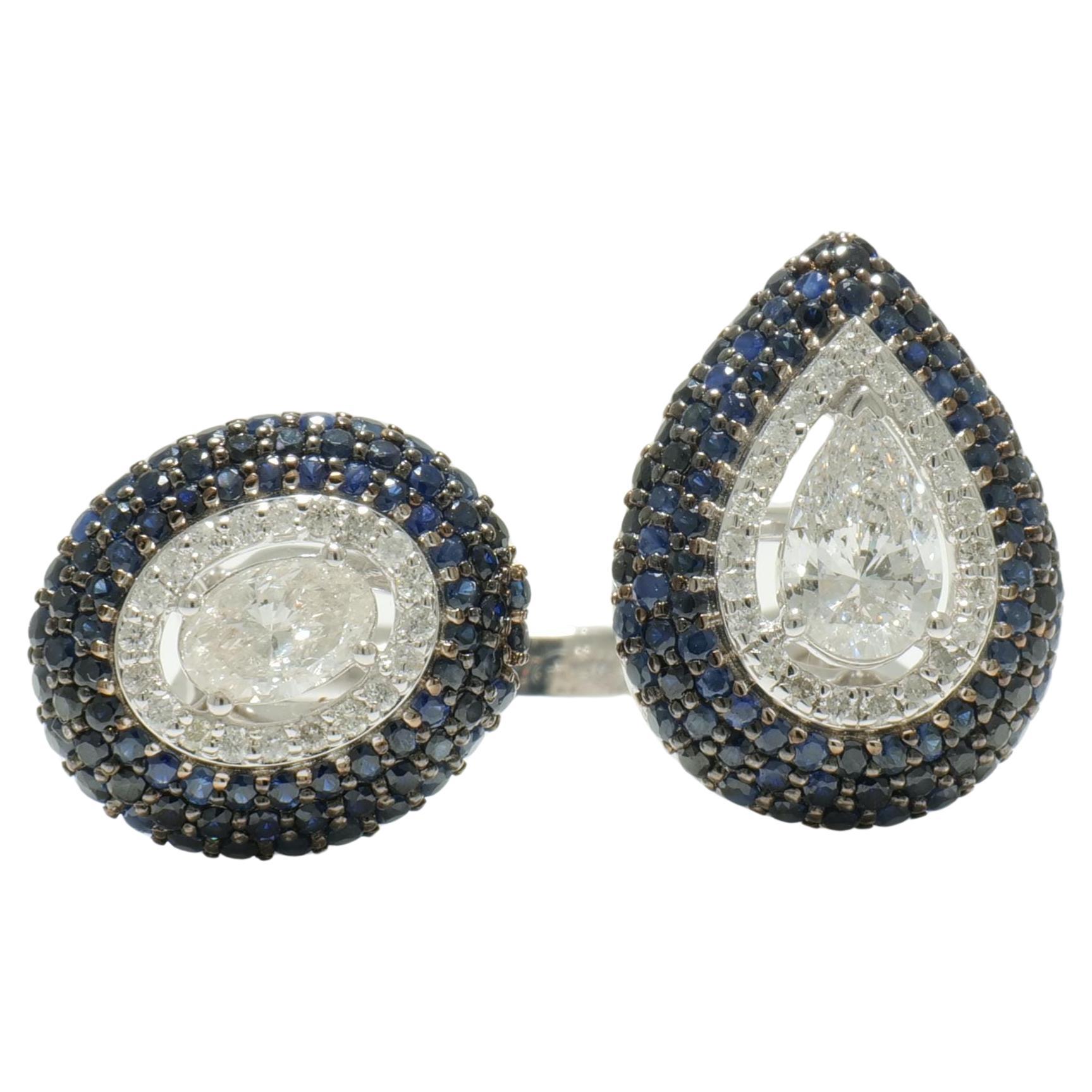 Blue Sapphire Diamond Open Cuff Gemstone Ring in 14K Solid Gold (Certified)