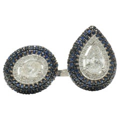 Blue Sapphire Diamond Open Cuff Gemstone Ring in 14K Solid Gold (Certified)