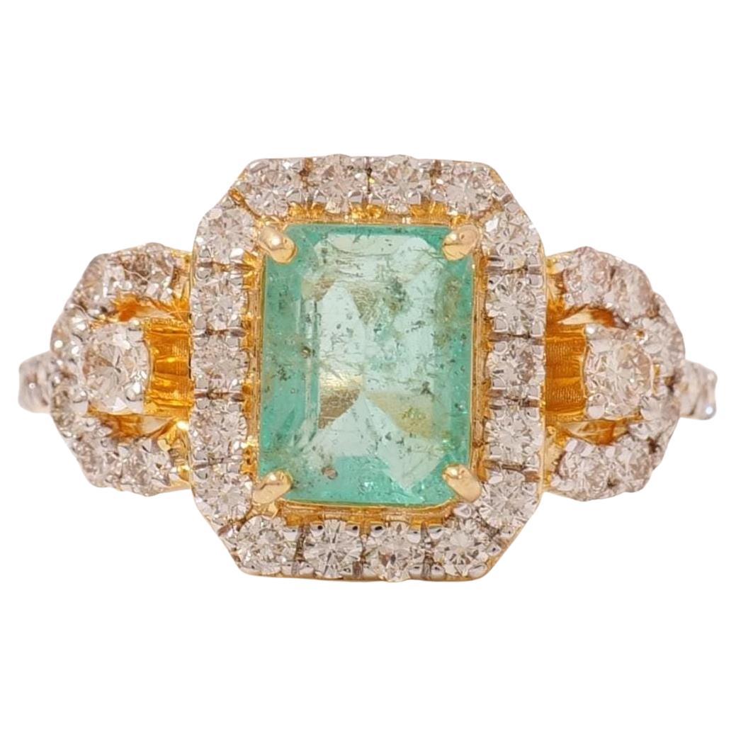 Emerald Halo Floral Diamond Gemstone Ring in 14K Solid Gold (Certified)