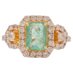 Emerald Halo Floral Diamond Gemstone Ring in 14K Solid Gold (Certified)