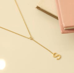 Custom Bezel Diamond Initial Drop Lariat Necklace in 14K Solid Gold (Certified)