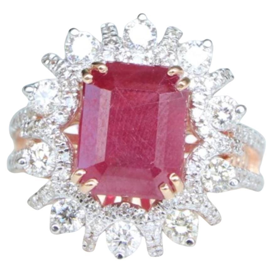 Emerald Ruby Gemstone Halo Natural Diamond Ring in 14k Solid Gold (Certified) For Sale